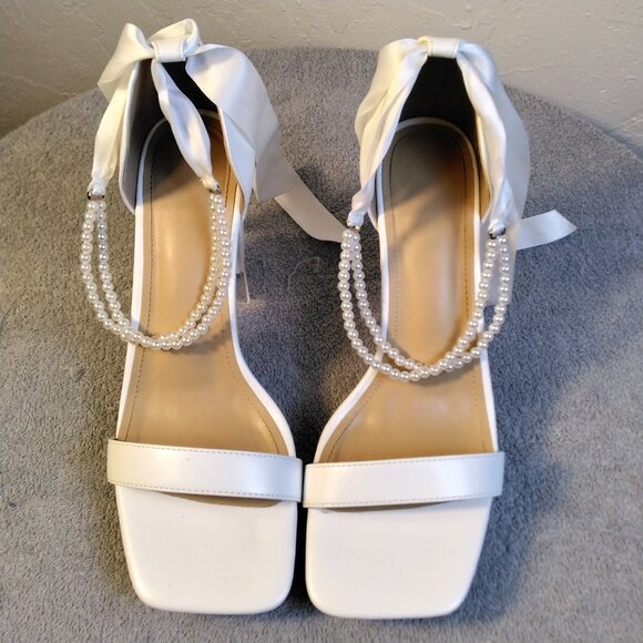 Adorose White Satin Heels Block with Pearl Ankle Straps Size 10 with Bow Bridal - Picture 2 of 14